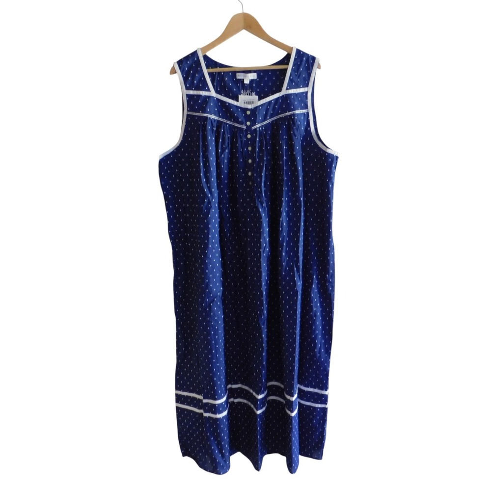 NWT Eileen West Sleeveless Nightgown Blue White Polka Dots Cotton Lawn Size 2X